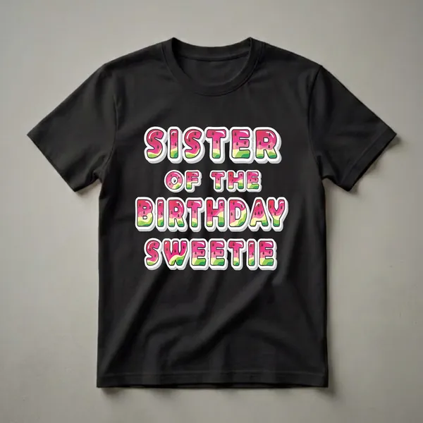 Black t-shirt with bold, colorful text that reads 'Sister of the Birthday Sweetie' in a watermelon design.