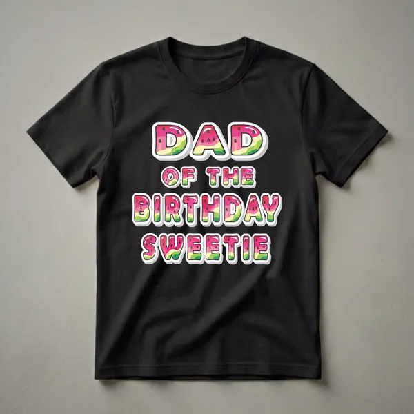 Black t-shirt with white text that reads 'DAD OF THE BIRTHDAY SWEETIE' in a watermelon pattern.