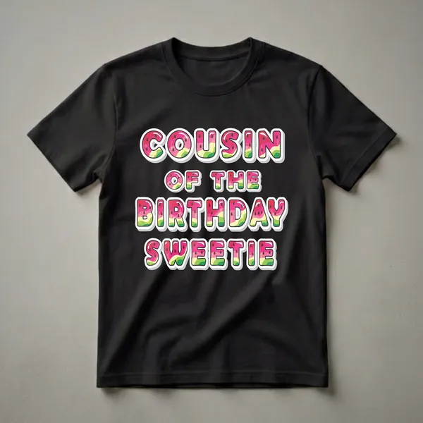 Black t-shirt with the words 'COUSIN OF THE BIRTHDAY SWEETIE' in bold, colorful letters designed to look like watermelon slices with seeds.