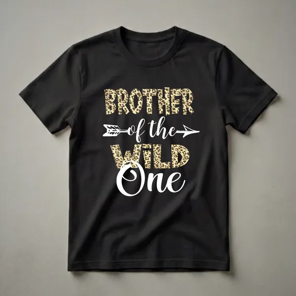 Black t-shirt with white text and leopard print reading 'BROTHER of the WILD One' with a white arrow graphic.