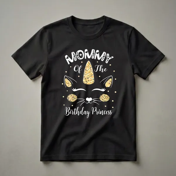 Black t-shirt with white text 'Mommy Of The Birthday Princess' and a caticorn face with a gold glitter horn and accents.