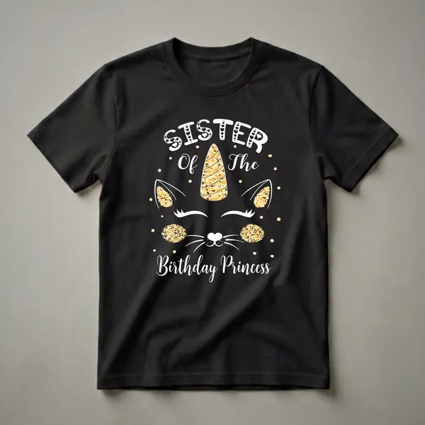 Black t-shirt with white text 'Sister Of The Birthday Princess' above a caticorn face with a glittery gold horn, cat ears, and scattered gold dots.