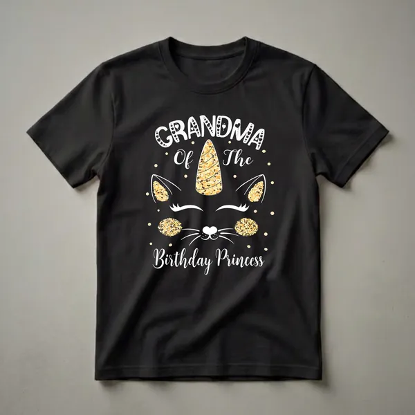 Black t-shirt with white text 'Grandma Of The Birthday Princess' and a caticorn graphic featuring a unicorn horn, cat ears, and whiskers, accented with gold glitter.