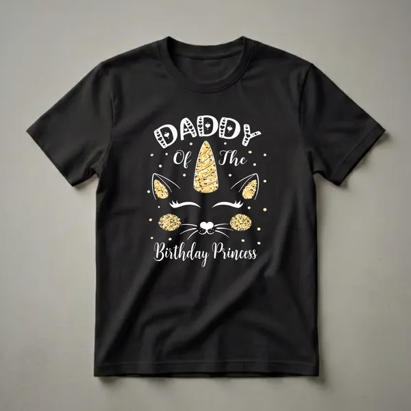 Black t-shirt with white text "Daddy Of The Birthday Princess" and a caticorn graphic featuring a glittery horn and cat ears.
