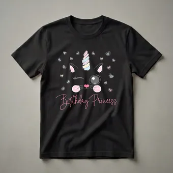 Birthday Princess Cat Unicorn Graphic T-Shirt for Girls