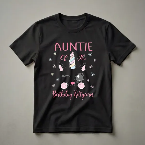 Black t-shirt featuring the text "Auntie Of The Birthday Kittycorn" with a cartoon cat-unicorn face and pastel hearts scattered around.