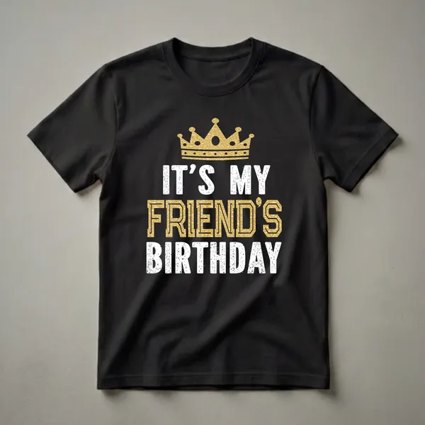 Black t-shirt with distressed white text 'IT'S MY' and 'BIRTHDAY' sandwiching gold textured text 'FRIEND'S', topped with a golden crown.