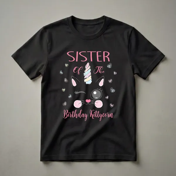 Black t-shirt featuring the text 'Sister Of The Birthday Kittycorn' with a graphic of a winking cat-unicorn face and colorful sketched hearts.