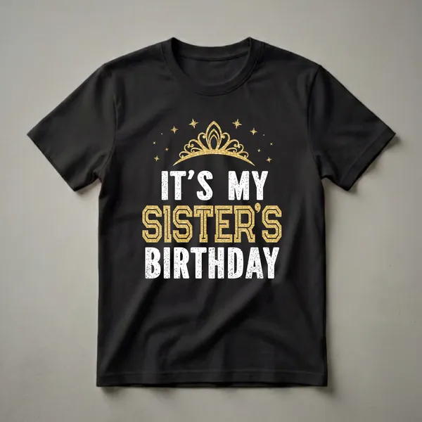 Black t-shirt with white distressed text 'IT'S MY BIRTHDAY' and gold glitter text 'SISTER'S', topped with a gold tiara and stars.