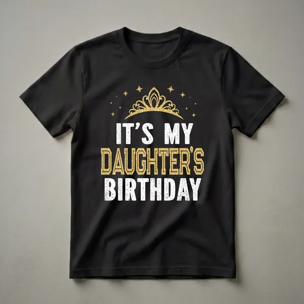Black t-shirt with white and gold text that reads "IT'S MY DAUGHTER'S BIRTHDAY" with a golden crown and stars graphic.