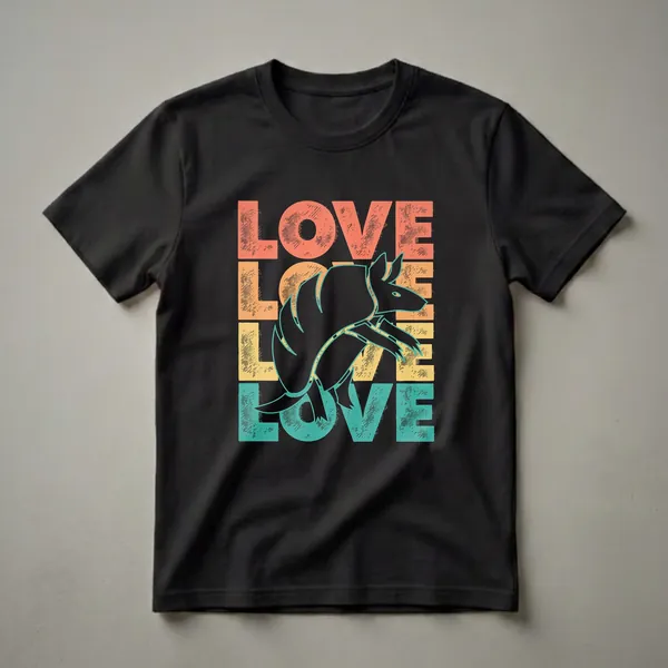 Black graphic t-shirt featuring the word LOVE in stacked retro colors and a black silhouette of an armadillo in the center.