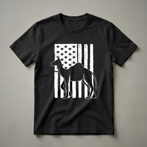 Black graphic t-shirt featuring a camel silhouette in front of a distressed white and black American flag with stars and stripes.