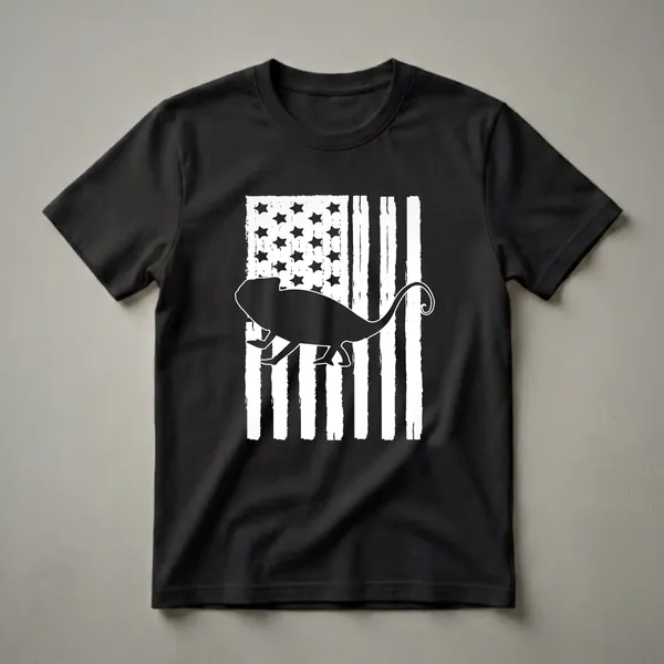 Black silhouette of a chameleon walking across a distressed white and black American flag graphic, on a black t-shirt.