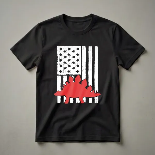 A black t-shirt featuring a distressed American flag graphic with a red stegosaurus silhouette in the foreground, perfect for patriotic dinosaur enthusiasts.