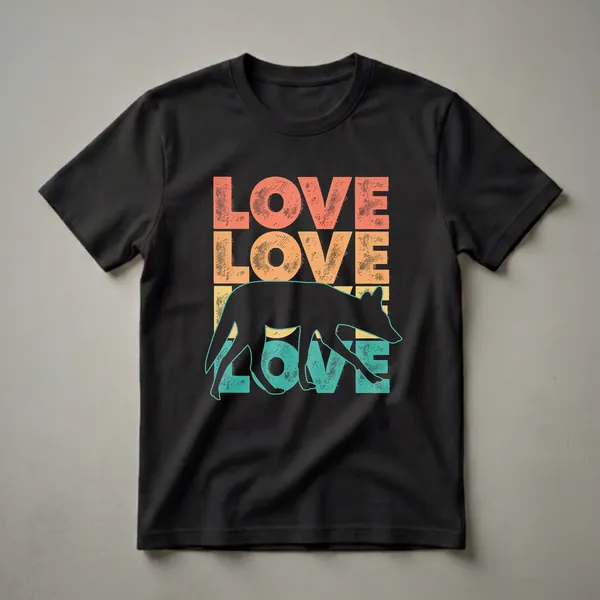Black t-shirt with a retro sunset graphic featuring the word LOVE stacked in coral, orange, and teal, with a black coyote silhouette walking across the design.