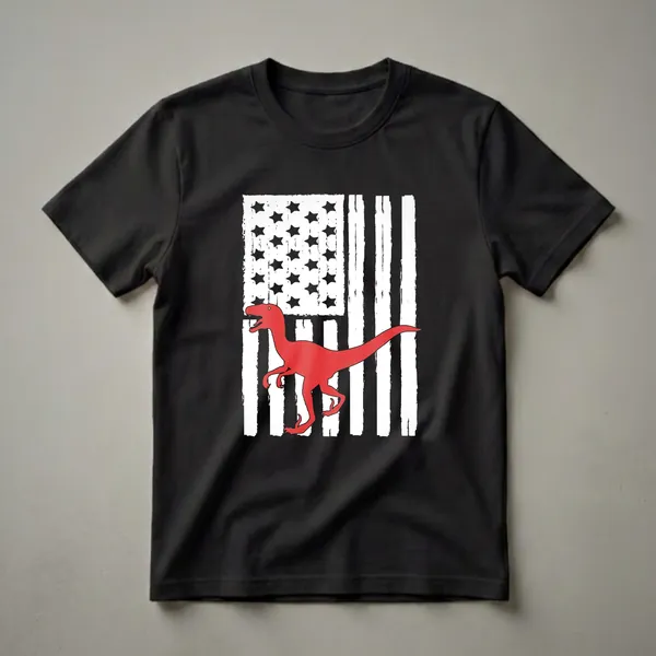Red velociraptor silhouette against a distressed black, white, and red American flag graphic on a black t-shirt.