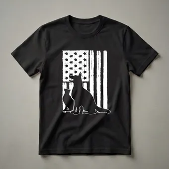 American Flag German Shepherd and Cat Silhouette T-Shirt