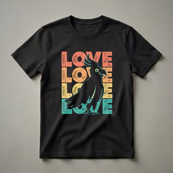 Black cockatoo silhouette with retro sunset 'LOVE' text in coral, orange, and teal on a black t-shirt.
