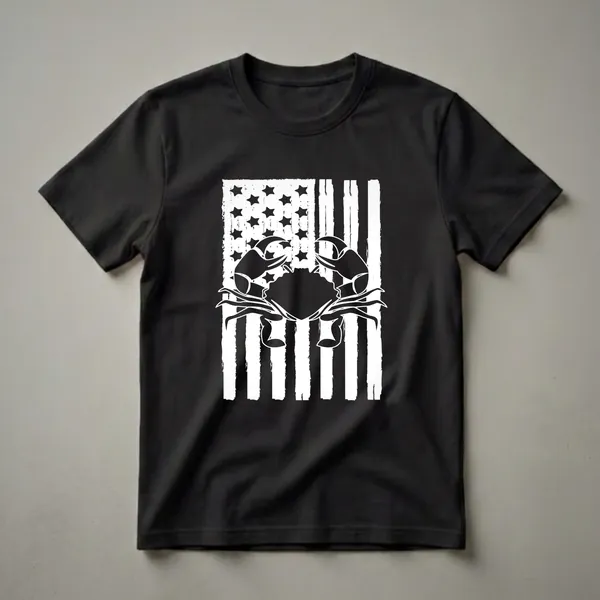 White distressed American flag graphic with two black crab claws in the center, printed on a black t-shirt.