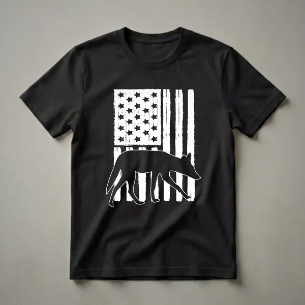 Black graphic t-shirt featuring a white-outlined silhouette of a coyote walking in front of a distressed American flag with white stars and stripes.