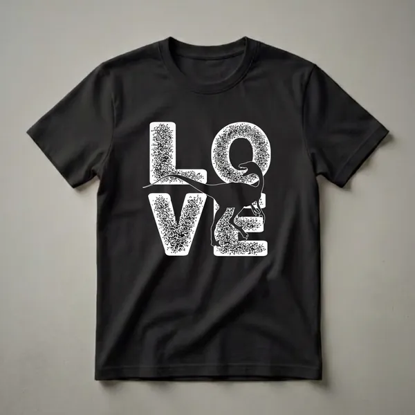 Black t-shirt with a white graphic that spells out 'LOVE', with a silhouette of a Troodon dinosaur integrated into the letter 'O'.