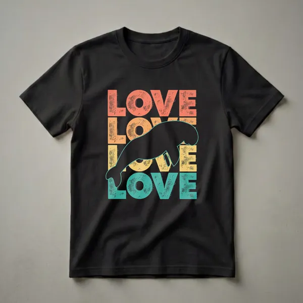 Black silhouette of a dugong on a black t-shirt, overlaid with stacked retro-colored text spelling "LOVE" in coral, orange, yellow, and teal.