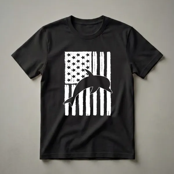 Black graphic t-shirt featuring a silhouette of a dolphin leaping in front of a distressed American flag with white stripes and stars.