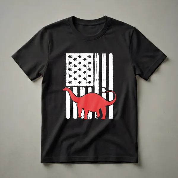 Black t-shirt with a distressed American flag graphic overlaid by a red Apatosaurus silhouette.