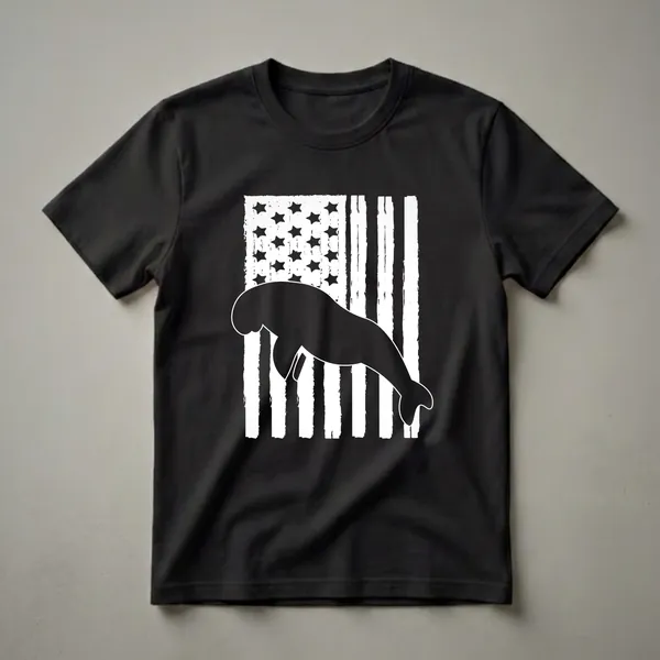 Black and white graphic t-shirt featuring a distressed American flag with stars and stripes, and a dugong silhouette.