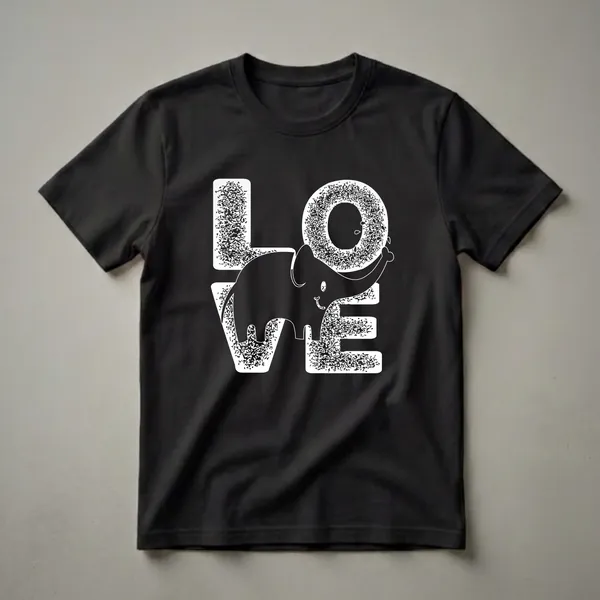 White distressed graphic t-shirt featuring the word LOVE with a smiling elephant inside the letter O, designed for animal lovers.