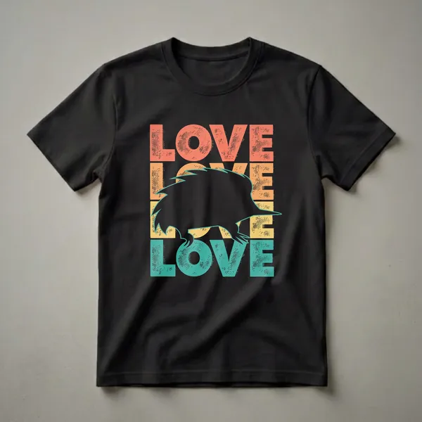 Black echidna silhouette centered over retro coral, orange, and teal 'LOVE' text on a black t-shirt.