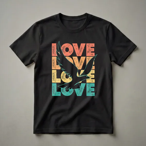 Black eagle silhouette in flight over stacked retro "LOVE" text in coral, orange, yellow, and teal on a black t-shirt.