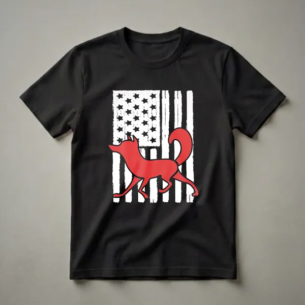 Black t-shirt with a distressed American flag graphic featuring a red fox silhouette walking across the stripes and stars.