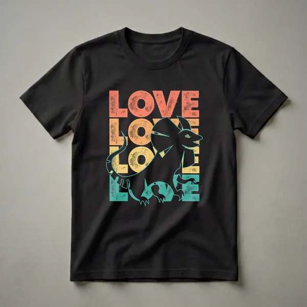 Black t-shirt with LOVE stacked four times in distressed coral, orange, yellow, and teal block letters, overlaid with a large frilled lizard silhouette with teal outline and frill extended.