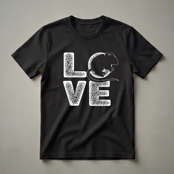 White distressed graphic t-shirt featuring the word 'LOVE' with a gerbil silhouette replacing the letter 'O'.