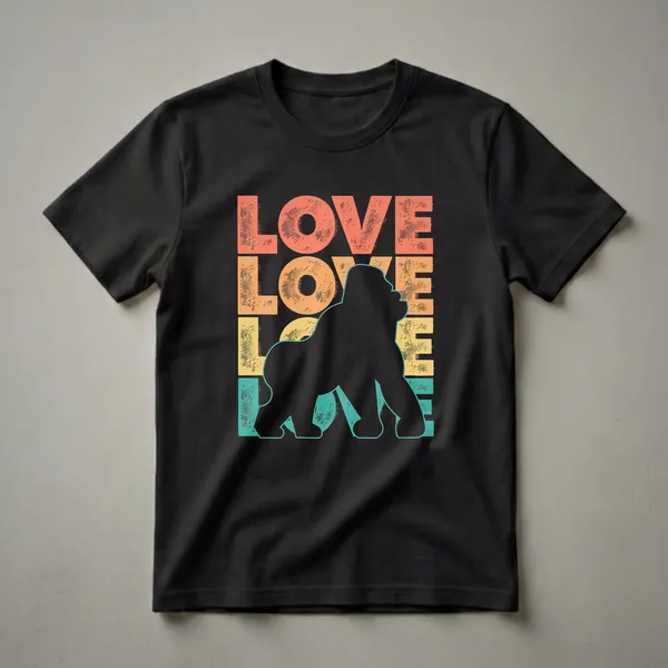 Black t-shirt with LOVE stacked four times in distressed coral, orange, yellow, and teal block letters, overlaid with a large black gorilla silhouette with a teal outline.