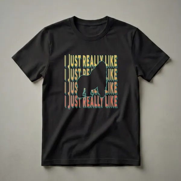 Black graphic t-shirt featuring a silhouette of a gorilla with repeating text 'I Just Really Like' in orange and yellow with teal outlines.