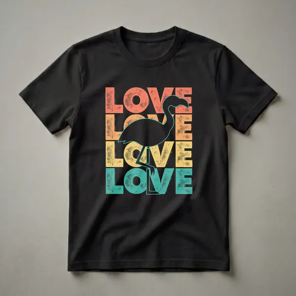 Black flamingo silhouette superimposed on stacked, distressed text reading 'LOVE' in coral, yellow, and teal colors, on a black background.