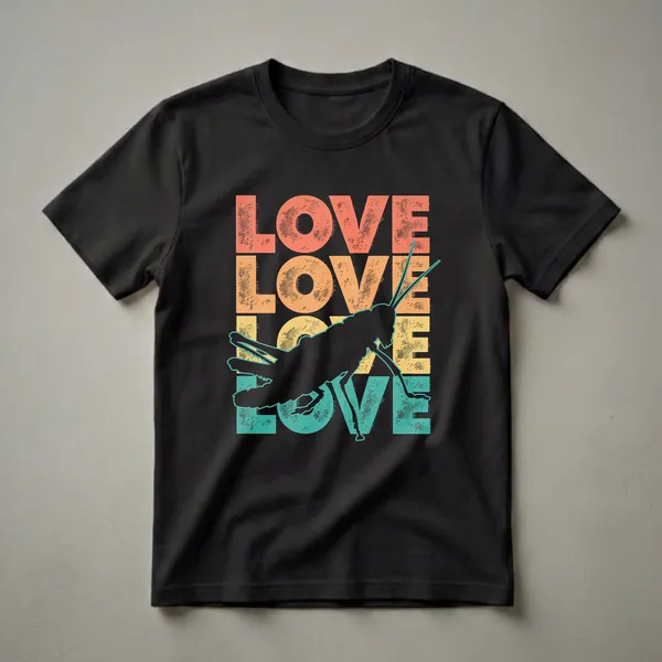 Black t-shirt with LOVE stacked four times in distressed coral, orange, yellow, and teal block letters, overlaid diagonally with a large grasshopper silhouette outlined in teal with antennae extended.