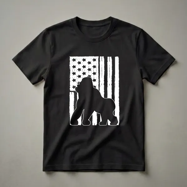 Black and white graphic t-shirt featuring a gorilla silhouette superimposed on a distressed American flag with black stars.