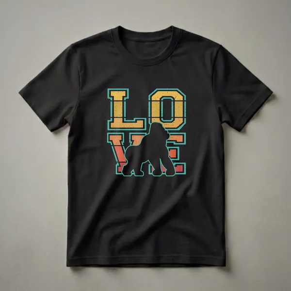 Black graphic t-shirt featuring the word LOVE in a retro font with a black gorilla silhouette in place of the 'O', set against a distressed orange, yellow, and teal sunset background.