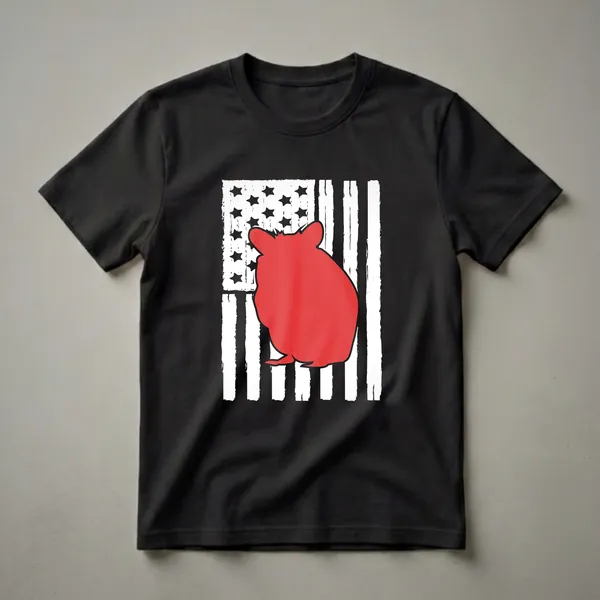 Red silhouette of a hamster on a distressed American flag background, on a t-shirt.