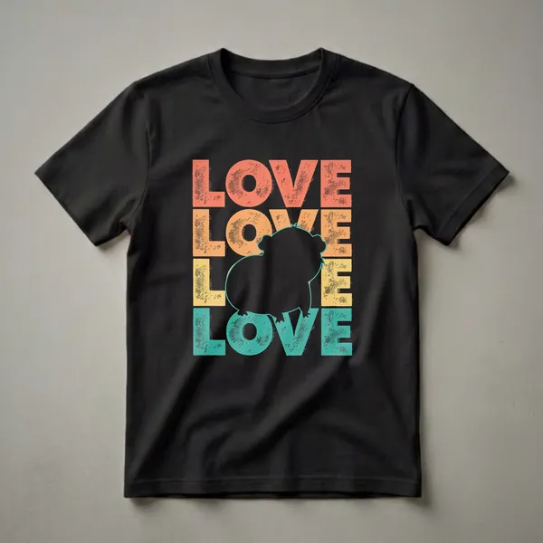 Black t-shirt with stacked retro 'LOVE' text in coral, orange, yellow, and teal, featuring a black guinea pig silhouette in the center.