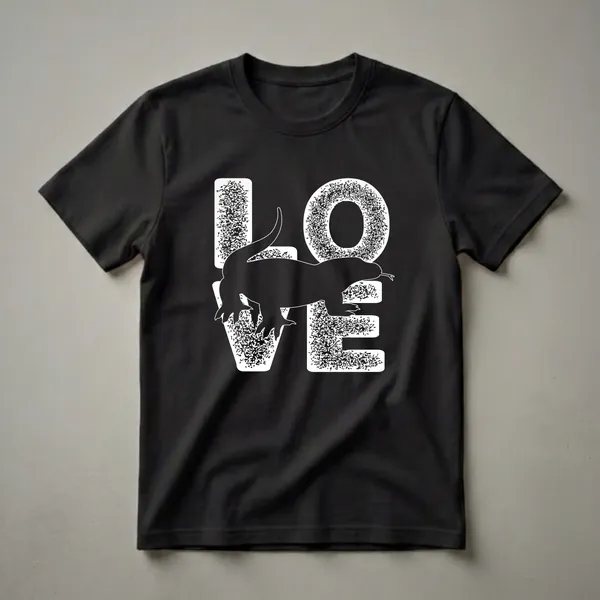 Black graphic t-shirt featuring the word LOVE with a Komodo dragon silhouette integrated into the design, set against a black background.