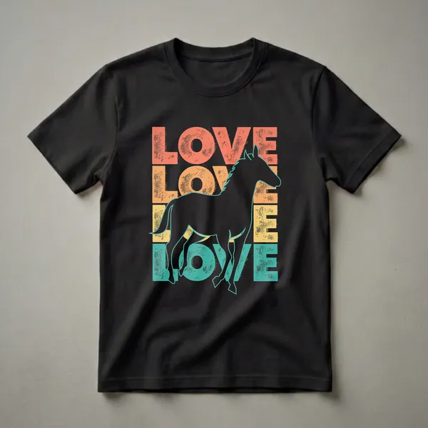 Black t-shirt with a retro design featuring a horse silhouette and stacked 'LOVE' text in coral, orange, and teal.