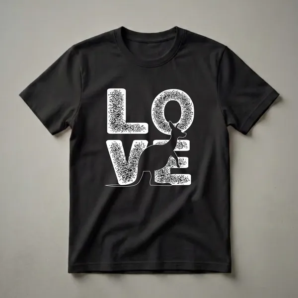 Black t-shirt with LOVE in bold white distressed block letters arranged in a two-by-two grid, with a black kangaroo silhouette filling the center of the letter O.