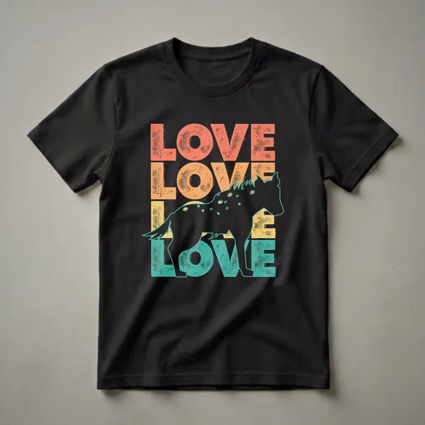 Black t-shirt with 'LOVE' stacked four times in coral, orange, yellow, and teal retro sunset colors, and a black spotted hyena silhouette across the lower text.