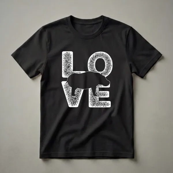 Black graphic t-shirt featuring the word 'LOVE' in white with a distressed texture, and a black silhouette of a hippopotamus within the 'O'.
