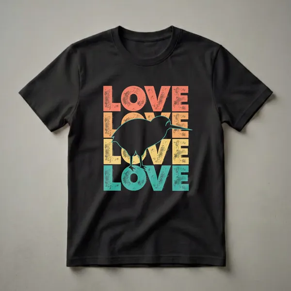 Black graphic t-shirt with retro 'LOVE' lettering in coral, orange, yellow, and teal, featuring a black silhouette of a kiwi bird in the center.