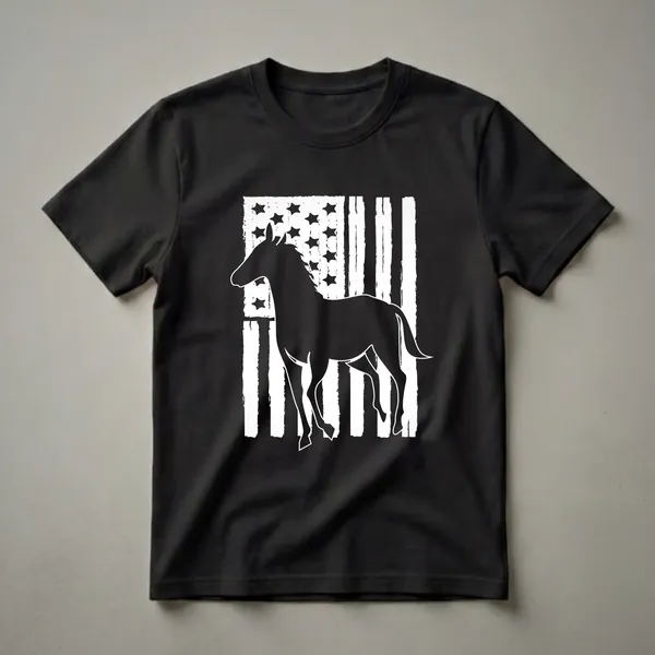 White distressed American flag graphic with a black silhouette of a horse's head, on a black t-shirt.
